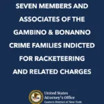 A blue and white poster with the words " seven members and associates of the gambino & bonanno crime families indicted for racketeering and