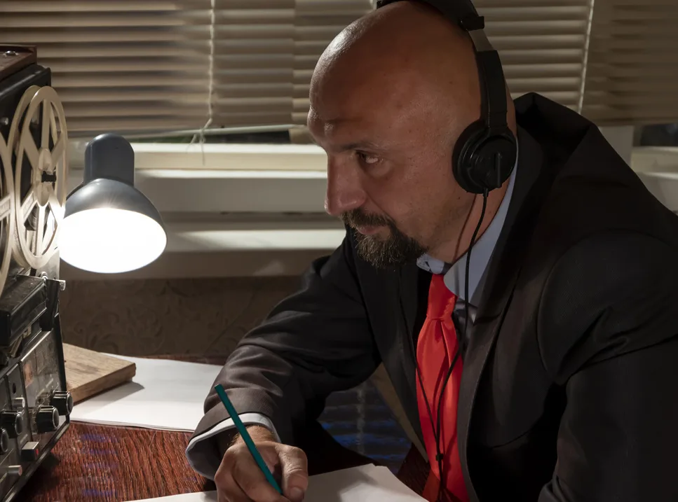 A bald man wearing headphones writing on paper.