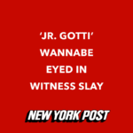 A red background with white text that says " jr. Gotti wannabe eyed in witness slay."