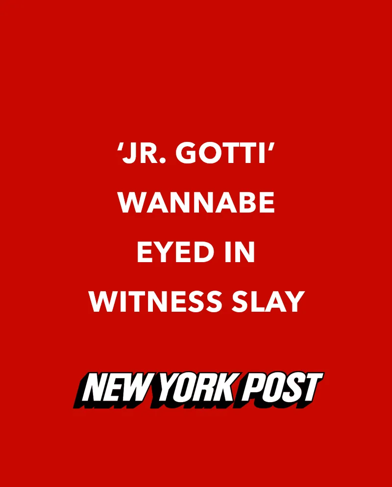 A red background with white text that says " jr. Gotti wannabe eyed in witness slay."