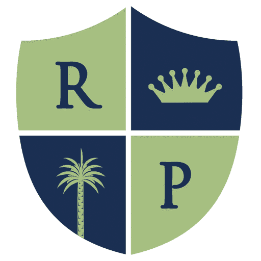 A green and blue shield with the letters rp in it.