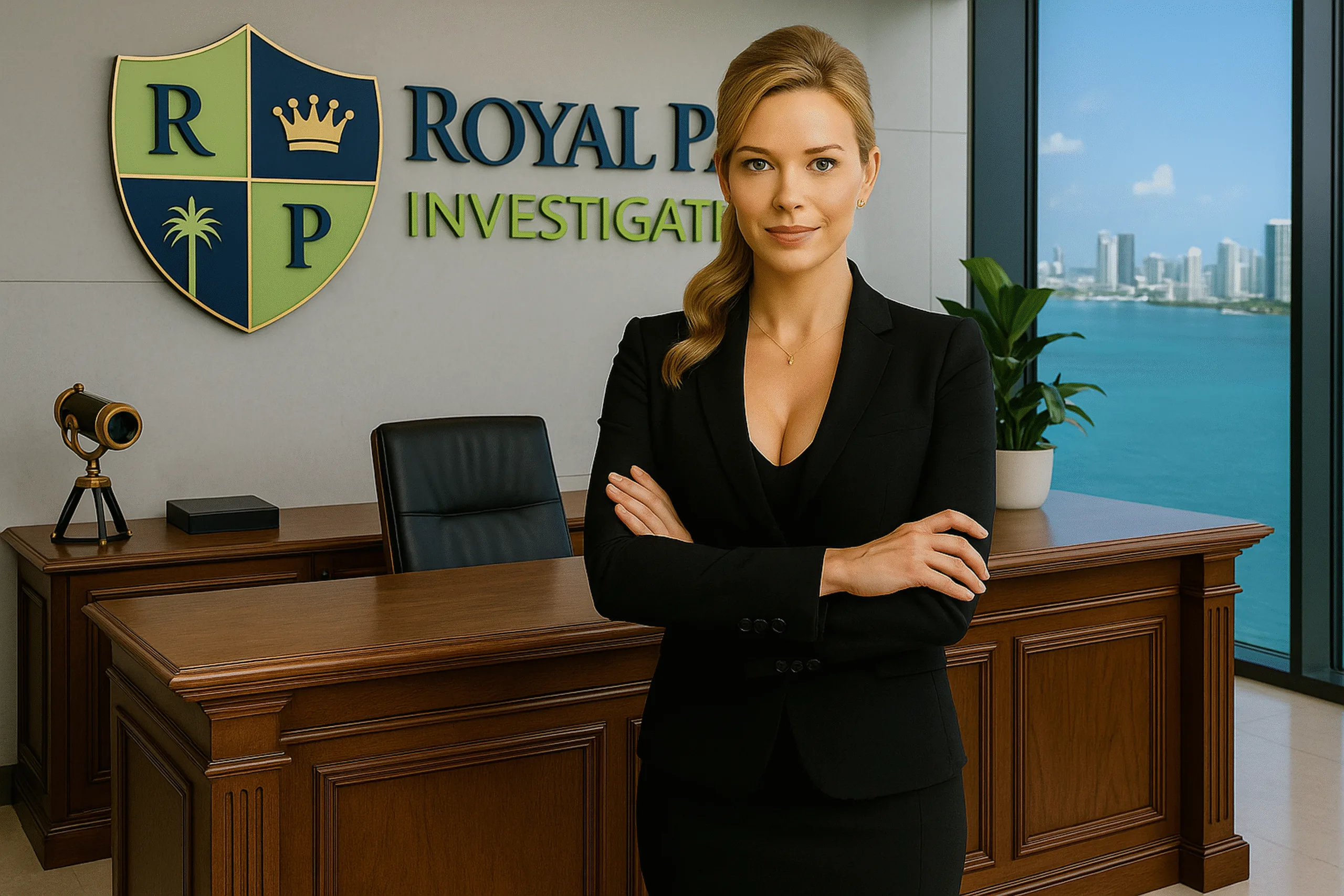 Confident blonde private investigator in a sleek black suit standing in a modern office with a polished wooden desk, Royal Palm Investigations logo on the wall, and a panoramic Miami oceanfront skyline view through large windows