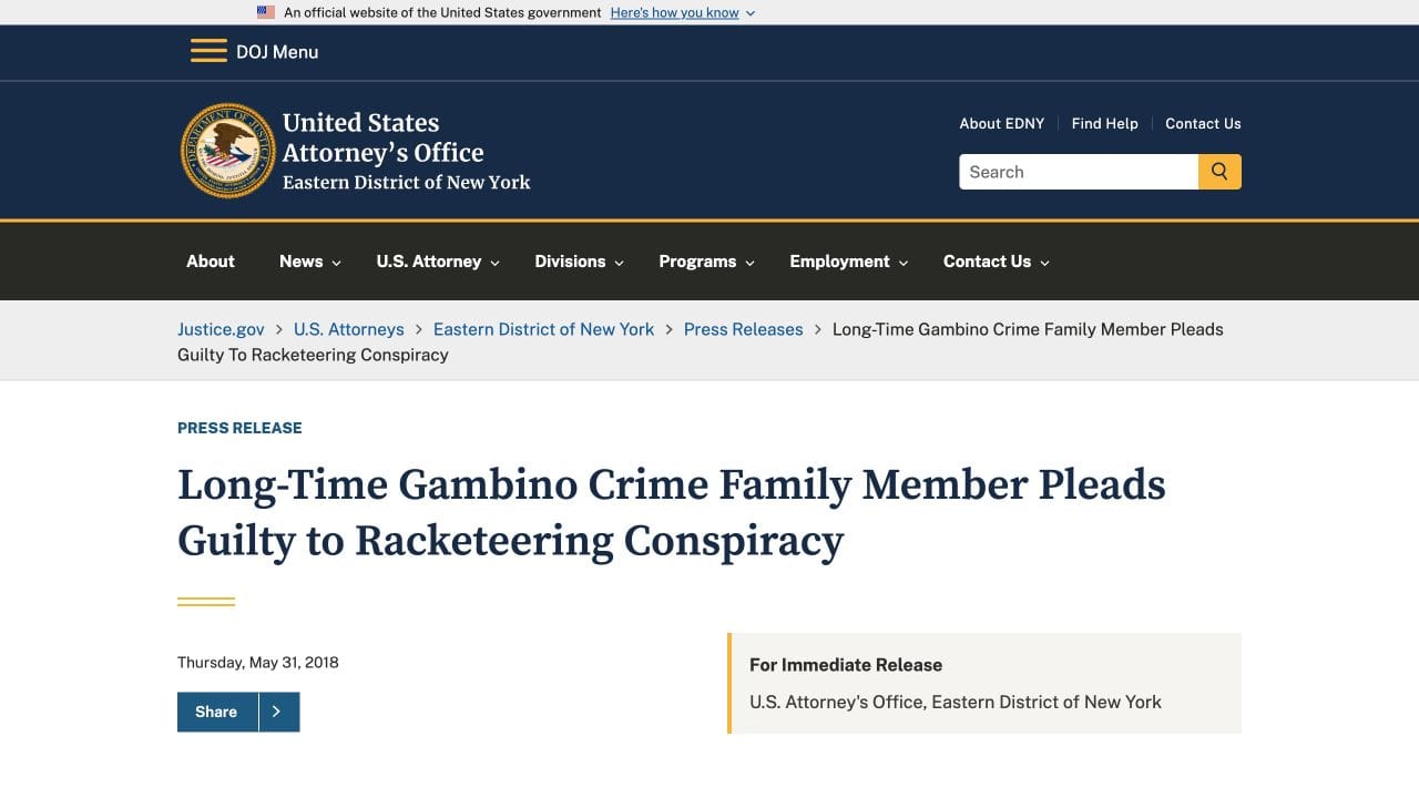 Official Justice Department release concerning John Ambrosio's guilty plea
