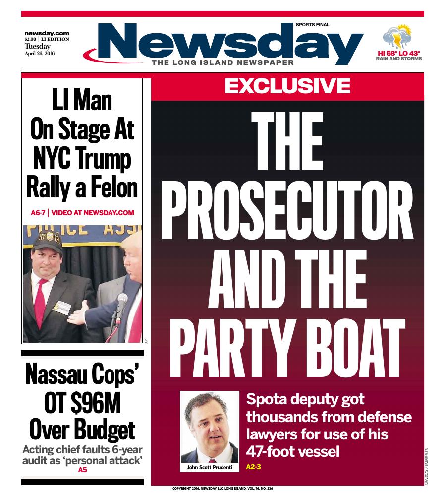 First-page preview of archived Newsday coverage dated April 26, 2016