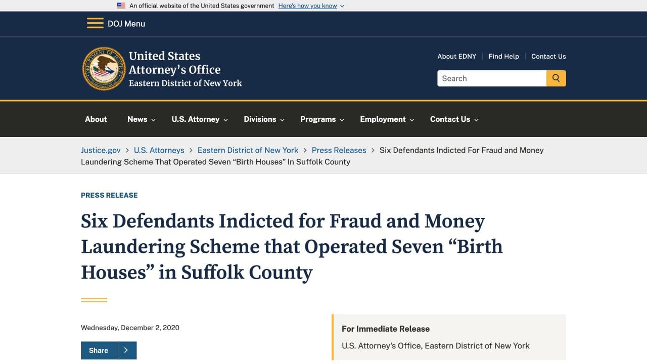 Justice Department source for the Long Island birth-tourism indictment