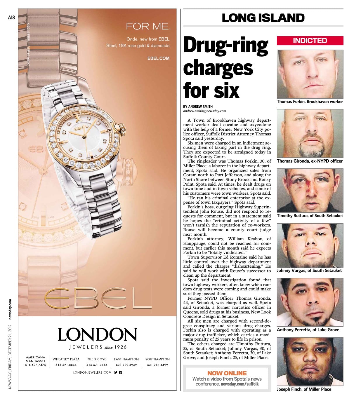 First page of the preserved Newsday article Drug-ring charges for six