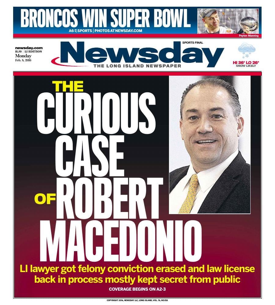 First-page preview of archived Newsday coverage dated February 8, 2016