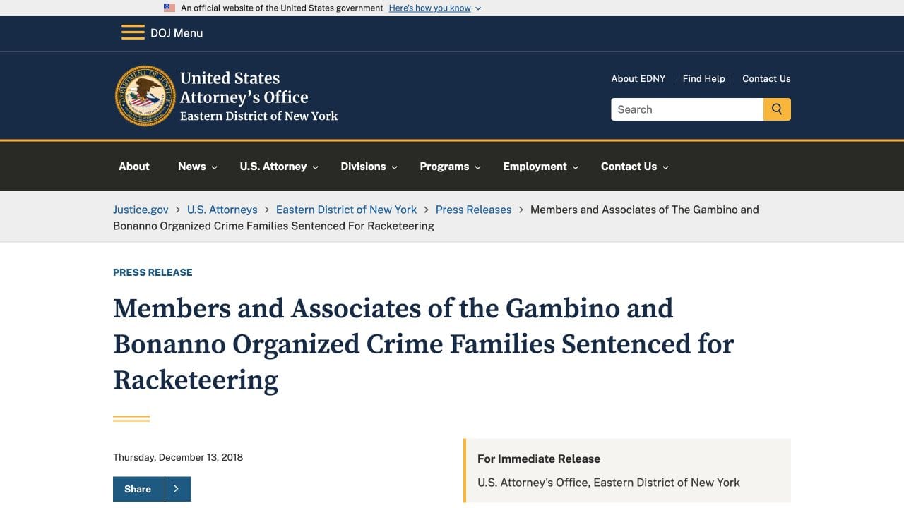 Official Justice Department sentencing release for the Gambino and Bonanno case