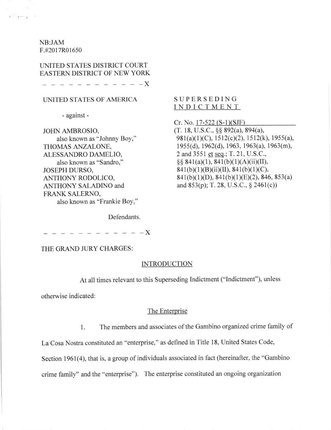First page of the 2017 federal superseding indictment in United States v. Ambrosio and co-defendants