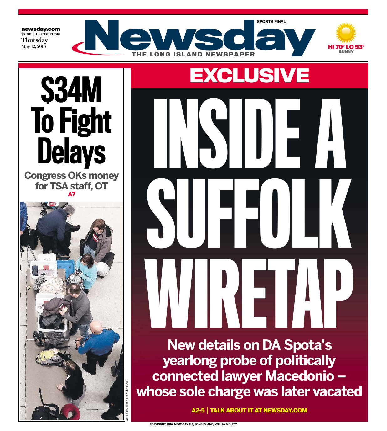 Newsday front page for Inside a Suffolk Wiretap, May 12, 2016