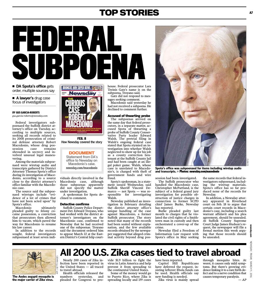First-page preview of archived Newsday coverage dated March 11, 2016