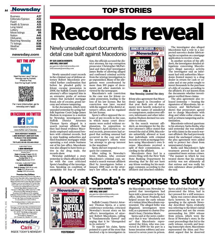 First-page preview of archived Newsday coverage dated May 13, 2016, part two