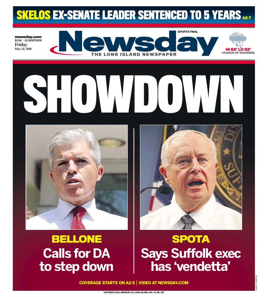 First-page preview of archived Newsday coverage dated May 13, 2016, part one