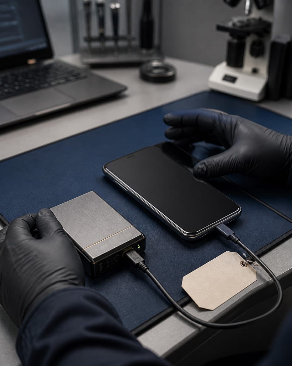 Cell phone connected to digital forensic examination equipment