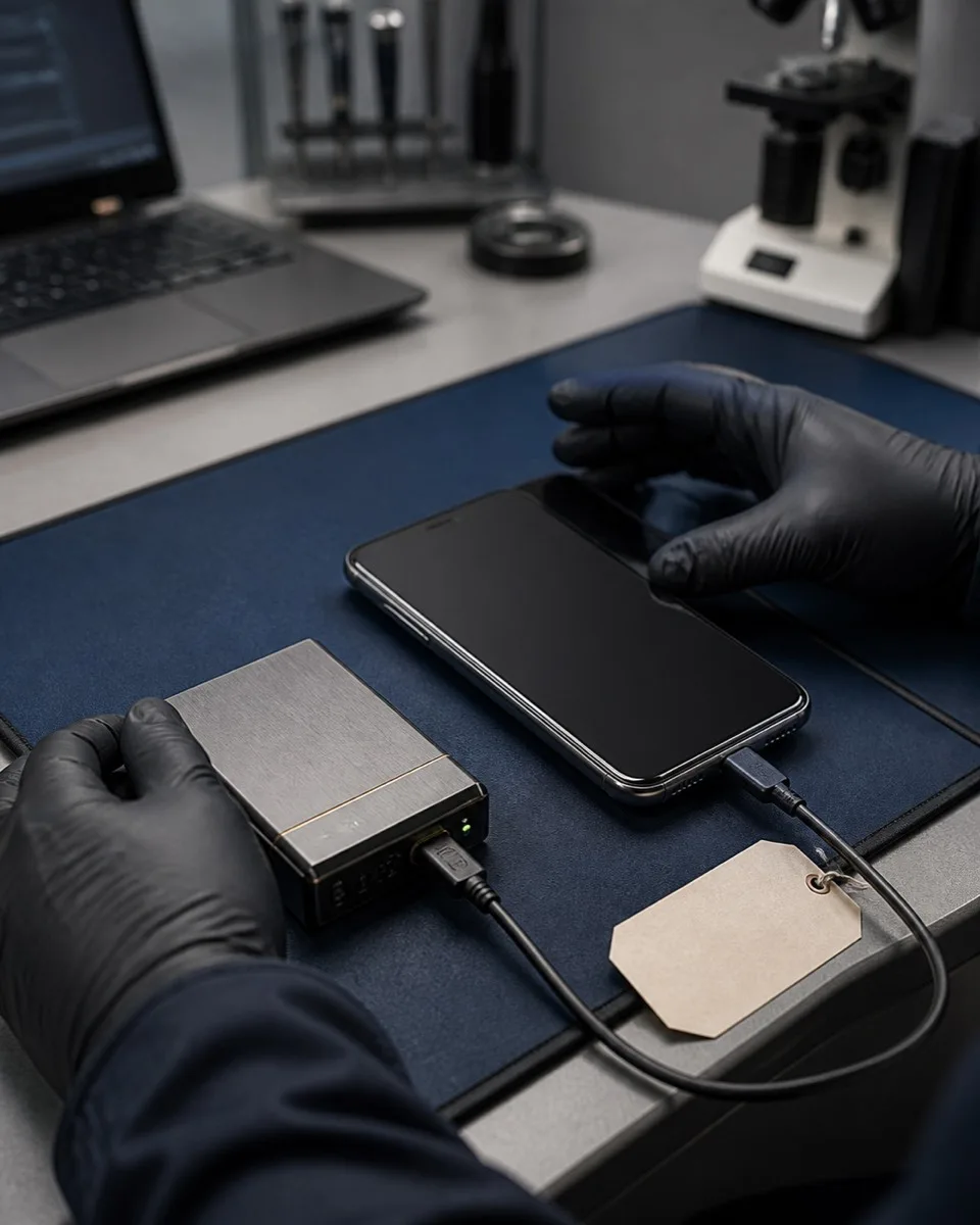 Cell phone connected to digital forensic examination equipment