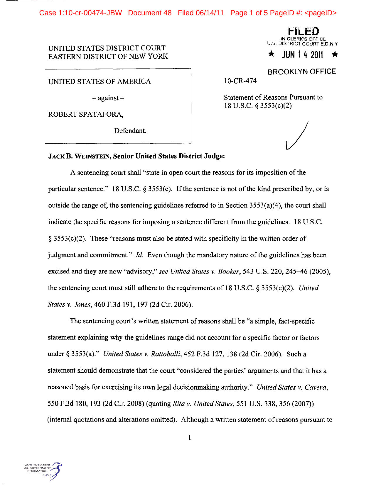 First page of the official U.S. v. Spatafora sentencing opinion